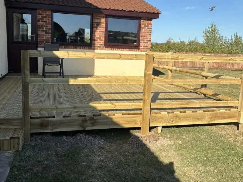 The finished raised timber deck at Rooksbridge, rails round the edge