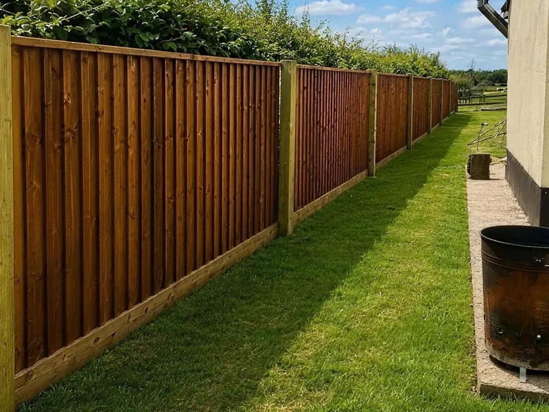 A new closeboard fence with posts and gravel boards along a side lawn