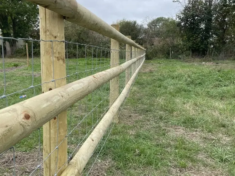 A post and rail fence with stock wire seen along its length beside trees