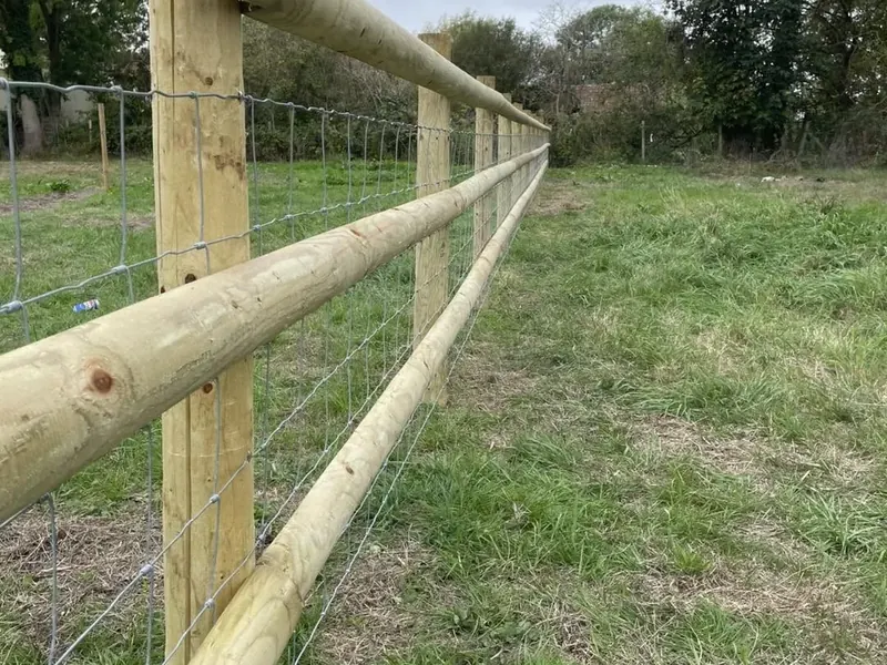 A run of post and rail fencing with stock wire, seen along its length so every post shows